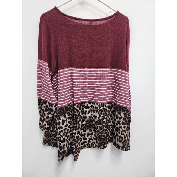 Emerald Womens Tunic Top Sz 1X Maroon Striped Animal Print Angled Hem Soft Knit - Picture 6 of 7